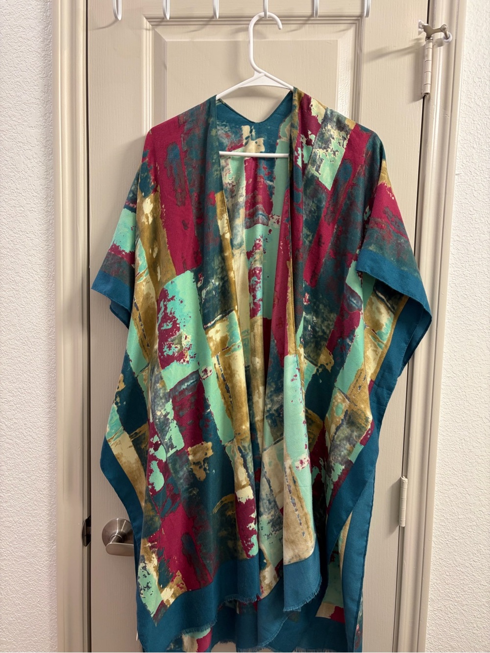 Abstract Print Draped Cape in Teal, Burgundy & Gold